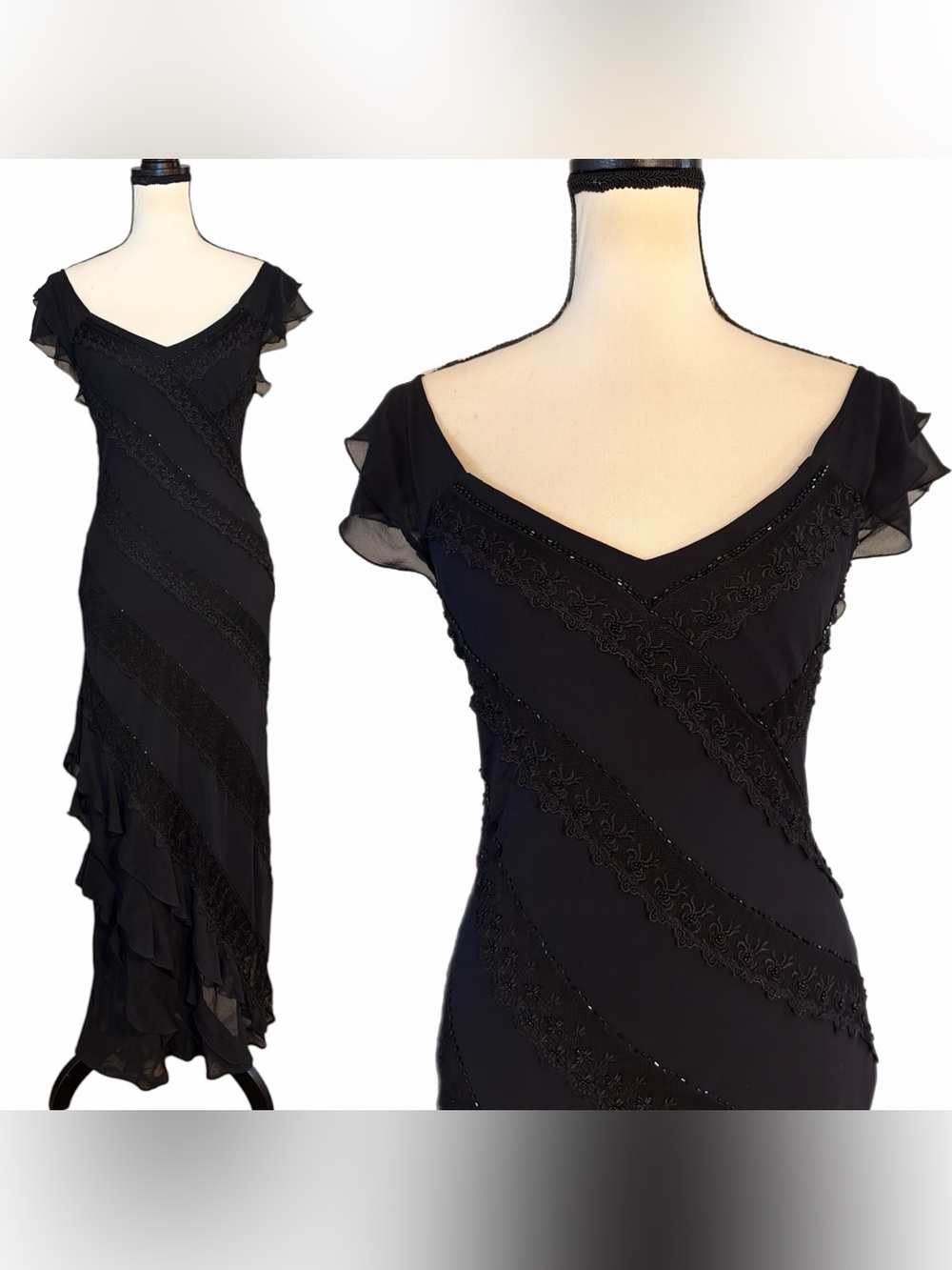 Vintage Sue Wong Nocturne Beaded Silk Sheer Mesh & Lace Ruffle Hem Maxi Dress - Picture 12 of 12